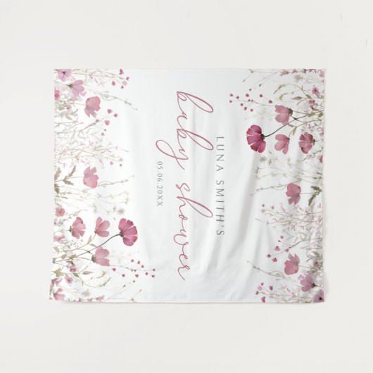 Pink Baby In Bloom Wildflower Baby Shower Backdrop Wandteppich (Vorderseite (Horizontal))