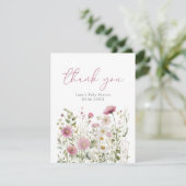 Pink Baby In Bloom Wildflower Baby Shower Flat Dankeskarte (Stehend Vorderseite)