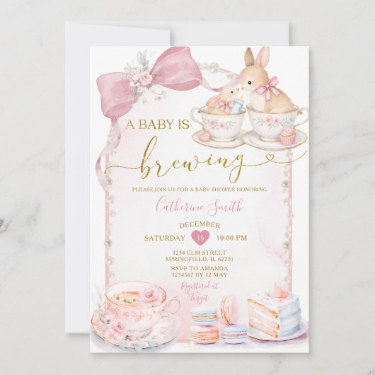 Pink Baby Is Brewing Bunny Tea Party Baby Shower Einladung (Vorderseite)