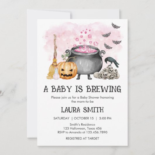 Pink Baby is Brewing Halloween Baby Shower Einladung (Vorderseite)