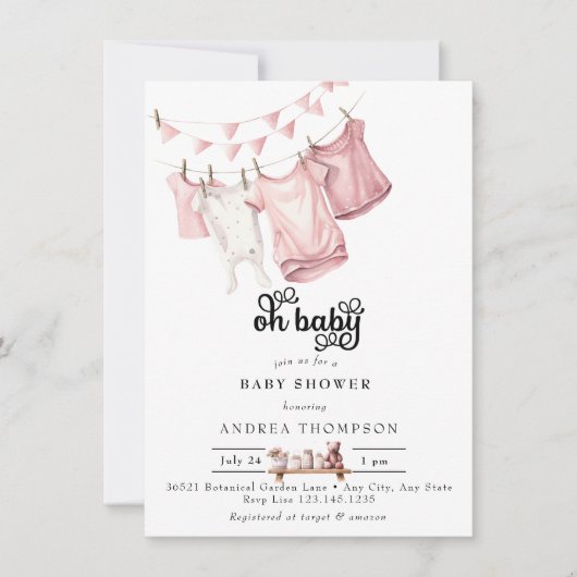 Pink Baby Kleidung | Watercolor Baby Girl Dusche Einladung (Vorderseite)