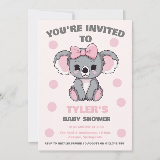 Pink Baby Koala Bear Einladung (Vorderseite)