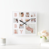 Pink Baby Letters Newborn Baby Foto Grid Collage Quadratische Wanduhr (Zuhause)