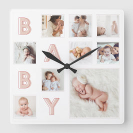 Pink Baby Letters Newborn Baby Foto Grid Collage Quadratische Wanduhr