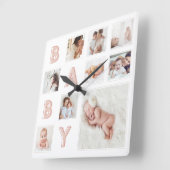 Pink Baby Letters Newborn Baby Foto Grid Collage Quadratische Wanduhr (Winkel)