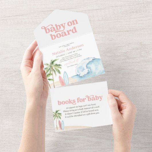 Pink Baby on board Beach Surf Baby Dusche All In One Einladung (Abreißtisch)