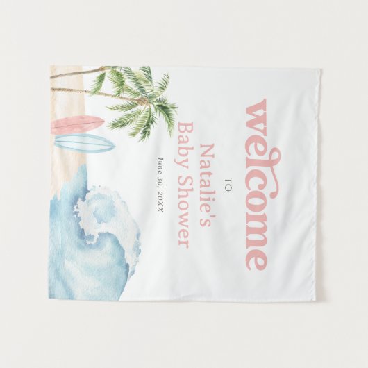 Pink Baby on board Surf Baby Dusche Begrüßungszeic Wandteppich (Vorderseite (Horizontal))