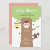 Pink Baby Owl in Baumdusche Einladung (Vorne/Hinten)