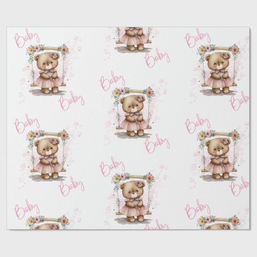 Pink Baby Script Teddy Bear Baby Dusche Geschenkpapier (Flach)