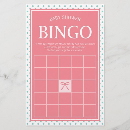 Pink Baby Shower Bingo Polka Dots and Ribbon Briefpapier (Vorderseite)