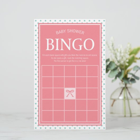 Pink Baby Shower Bingo Polka Dots and Ribbon Briefpapier (Stehend Vorderseite)