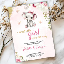 Pink baby shower invitation with a cute elephant
