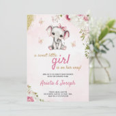 Pink baby shower invitation with a cute elephant einladung (Stehend Vorderseite)