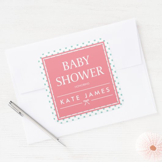 Pink Baby Shower Polka Dots and Ribbon Quadratischer Aufkleber (Umschlag)