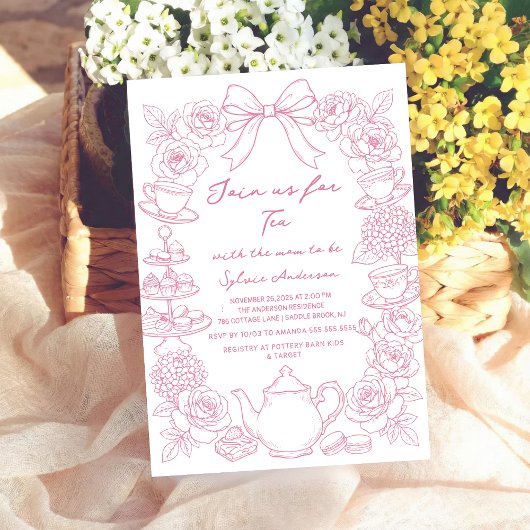 pink baby shower tea bow Hand Drawn coquette Einladung