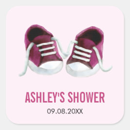 Pink Baby Sneakers Babyduschenaufkleber, Geschenke Quadratischer Aufkleber