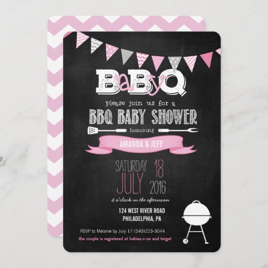 Pink BabyQ GRILLEN Babydusche Einladung (Vorne/Hinten)