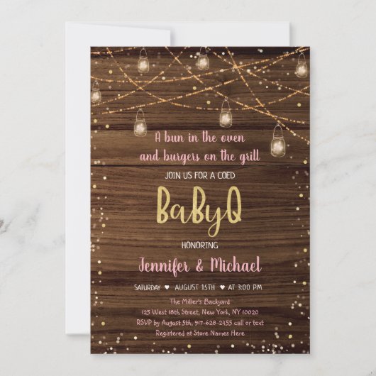 Pink BabyQ Rustic String Lights GRILLEN Baby Showe Einladung (Vorderseite)