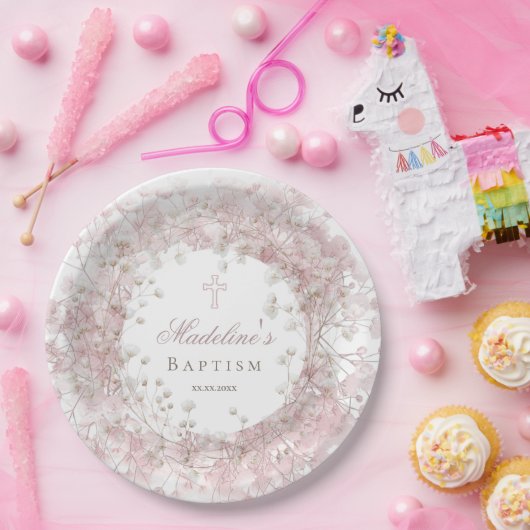 pink baby's breath Baptism Pappteller (Party)