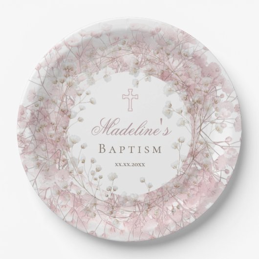 pink baby's breath Baptism Pappteller (Vorderseite)