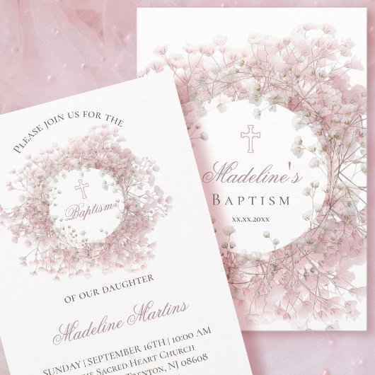 pink baby's breath flowers Baptism Einladung