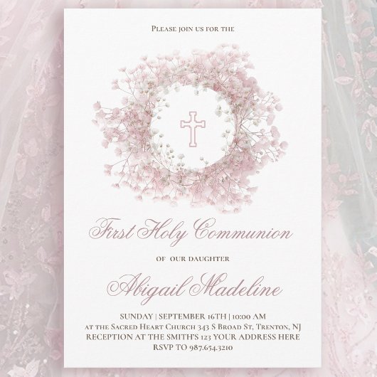 Pink Baby's Breath flowers First Holy Communion Einladung