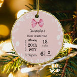 Pink Baby's First Christmas mit Foto Keramik Ornament<br><div class="desc">Das erste Weihnachtsrosa und das Foto im hinteren Ornament. Um den Hinweis zu ändern,  klicken Sie neben "Diese Vorlage personalisieren" auf "Details". Für weitere Änderungen (Schriftart,  Schriftart,  mehr Text oder Bild hinzufügen),  scrollen Sie nach unten und klicken Sie auf den Link "Bearbeiten mit dem Entwurfswerkzeug".</div>