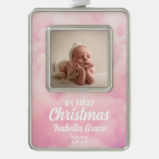 Pink Baby's First Christmas Ornament Rahmen-Ornament Silber (Vorderseite)