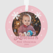 Pink Baby's First Christmas Snowflakes Foto Ornament (Rückseite)