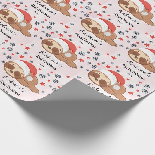 Pink Baby's Girl First Christmas Niedlich Sloths Geschenkpapier (Ecke)