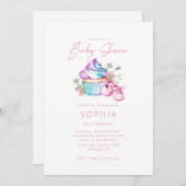 Pink Babyschuhe, Kuchen und Blume Babydusche Einladung (Vorne/Hinten)