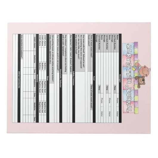 Pink Babysitter Journal Notepad Notizblock (Vorderseite)