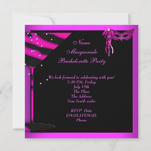 Pink Bachelorette Masquerade schwarze High Heel Sc Einladung (Rückseite)
