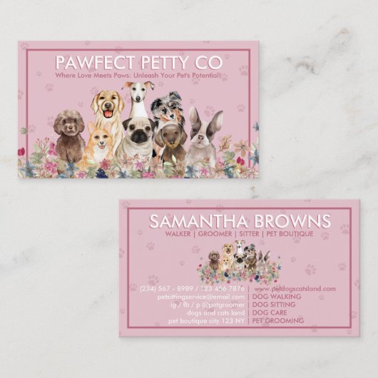 Pink Background Paw Watercolor Hunde Blume Visitenkarte (Vorne/Hinten)
