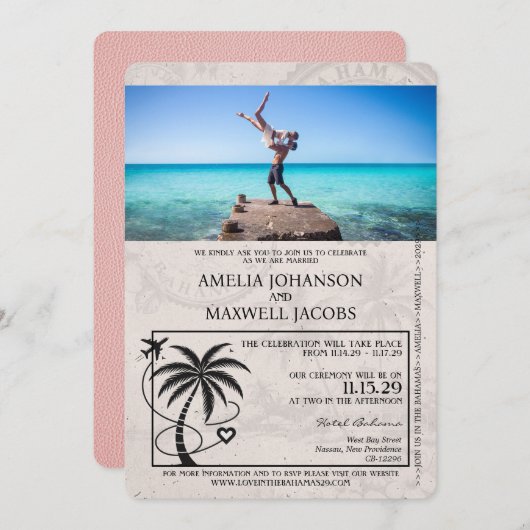 Pink Bahamas Passport Hochzeit Einladung (Vorne/Hinten)