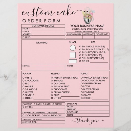 PinK Bakery Modern Illustration Cake Order Form Flyer (Vorne)