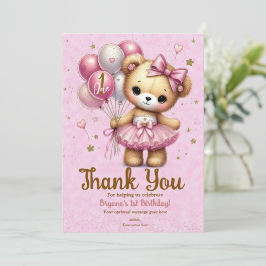 Pink Ballerina Bear Glitzer Balloon Vielen Dank Einladung (Stehend Vorderseite)