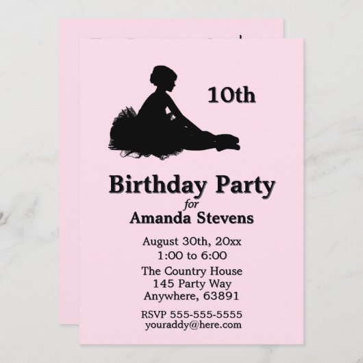 Pink Ballerina Geburtstagsfeier Einladung (Vorne/Hinten)