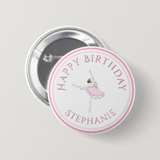 Pink Ballerina Happy Birthday Girl Button (Vorne & Hinten)