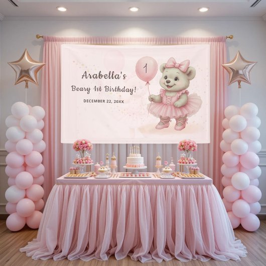 Pink Ballerina Teddy Bear Birthday Banner
