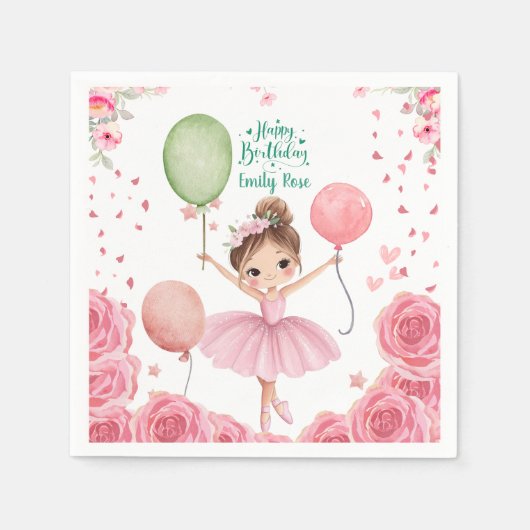 Pink Ballet Theme with Name & Balloons Serviette (Vorderseite)
