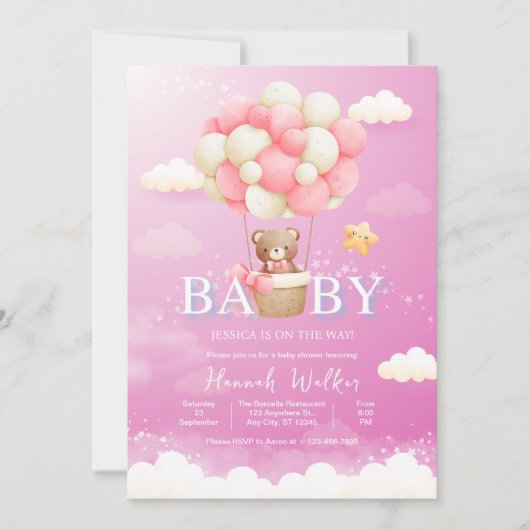 Pink Balloon Bear Baby Dusche Einladung (Vorderseite)