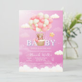 Pink Balloon Bear Baby Dusche Einladung (Stehend Vorderseite)