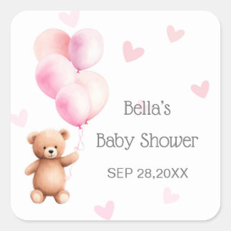 Pink Balloon Bear Heart Baby Dusche Quadratischer Aufkleber