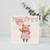 Pink Balloon Bear mit Kariertem Outfit Einladung (Stehend Vorderseite)