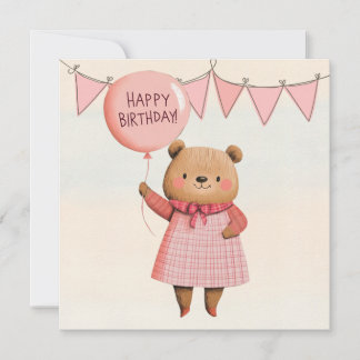 Pink Balloon Bear mit Kariertem Outfit Einladung