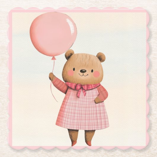Pink Balloon Bear mit Kariertem Outfit Untersetzer (Vorderseite)