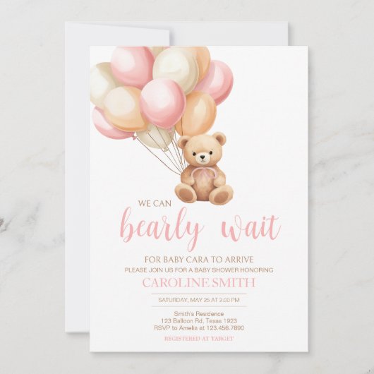 Pink Balloon Boho Bear Baby Dusche Einladung (Vorderseite)