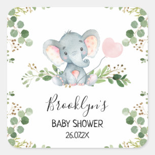 Pink Balloon Elephant Baby Showsticker Quadratischer Aufkleber