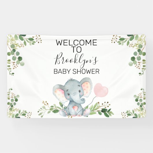 Pink Balloon Elephant Foliage Baby Dusche Willkomm Banner (Horizontal)